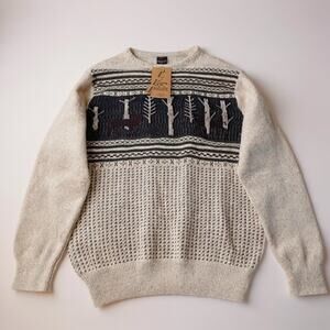Woolpath Sweater Mens Med Wool Blend Reindeer Nordic Fair Isle Beige Pullover